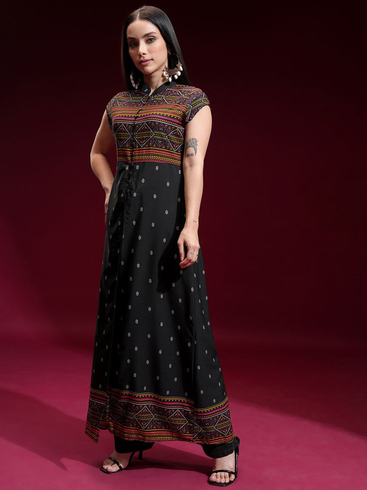 Vishudh Geometric Printed Mandarin Collar Short Sleeves A-line Kurta