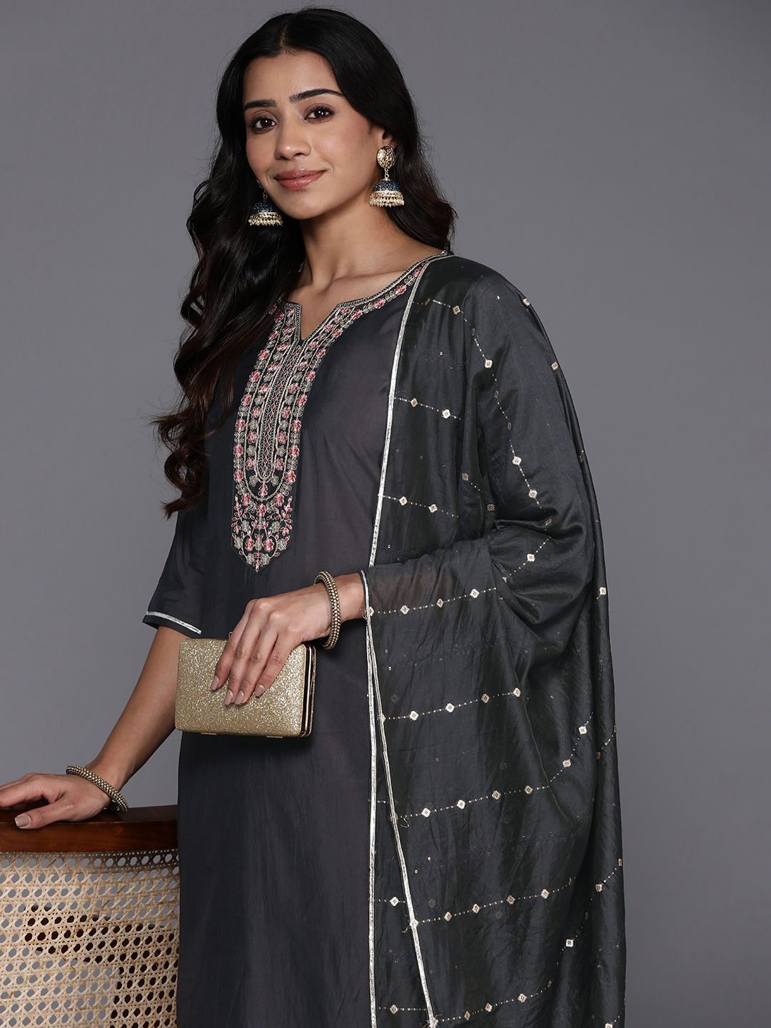 Libas Women Floral Yoke Design Regular Sequinned Kurta with Trousers & Dupatta