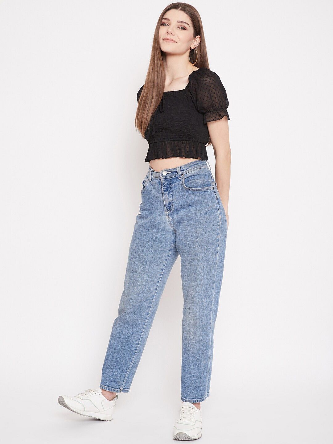 Berrylush Black Smocked Georgette Regular Crop Top