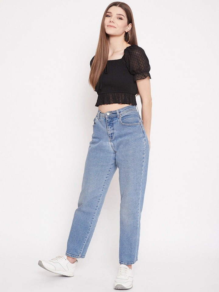 Berrylush Black Smocked Georgette Regular Crop Top