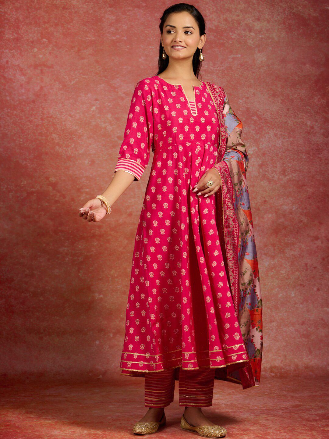 Libas Ethnic Motifs Printed Gotta Patti Pleated Anarkali Kurta & Trousers With Dupatta