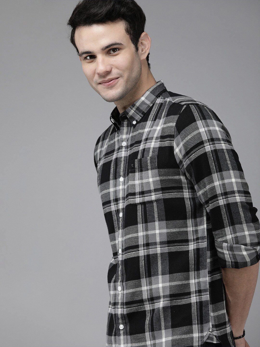THE BEAR HOUSE Men Grey Slim Fit Tartan Checks Checked Casual Shirt