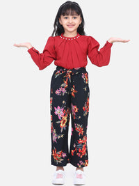 Cutiekins Girls Maroon & Black Floral Printed Bishop Sleeves Top with Palazzos Co-Ords set