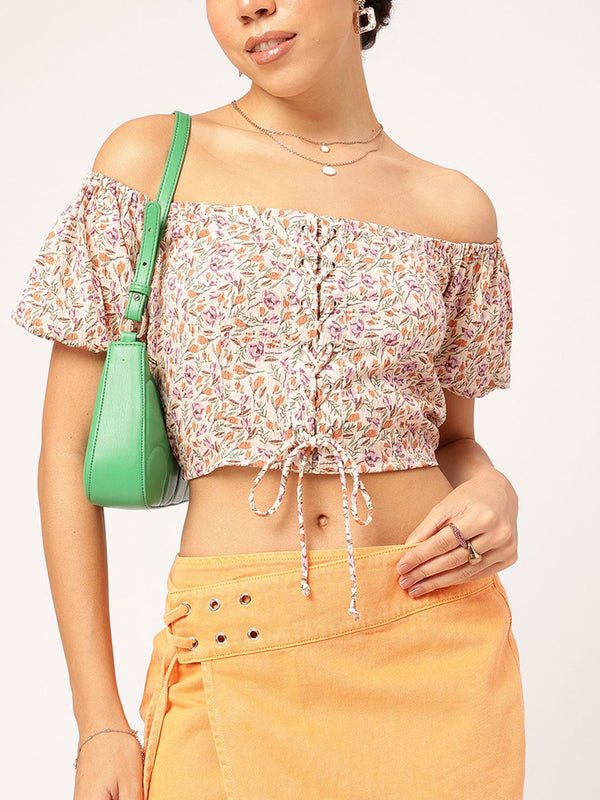 DressBerry Retro Revival Floral Print Off-Shoulder Puff Sleeve Bardot Crop Top