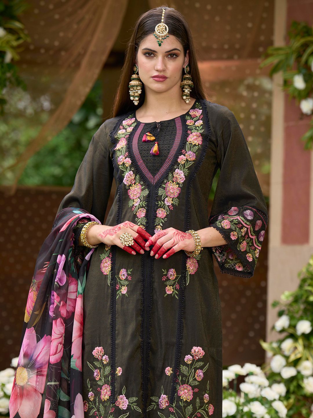 Indo Era Women Floral Embroidered Panelled Thread Work Kurta with Trousers & With Dupatta