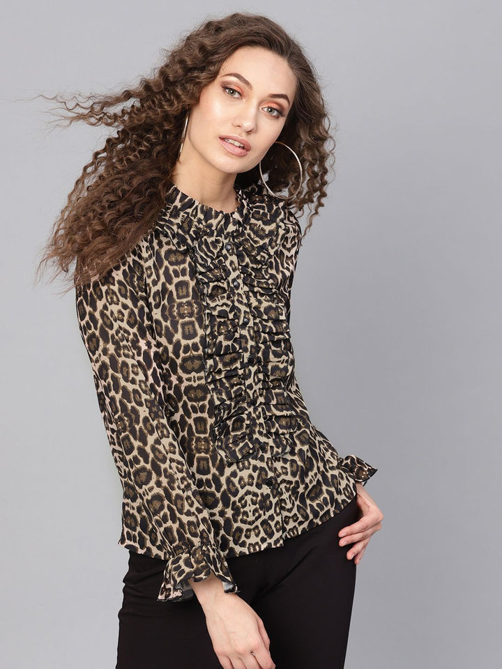SASSAFRAS Beige & Black Animal Print Shirt Style Top