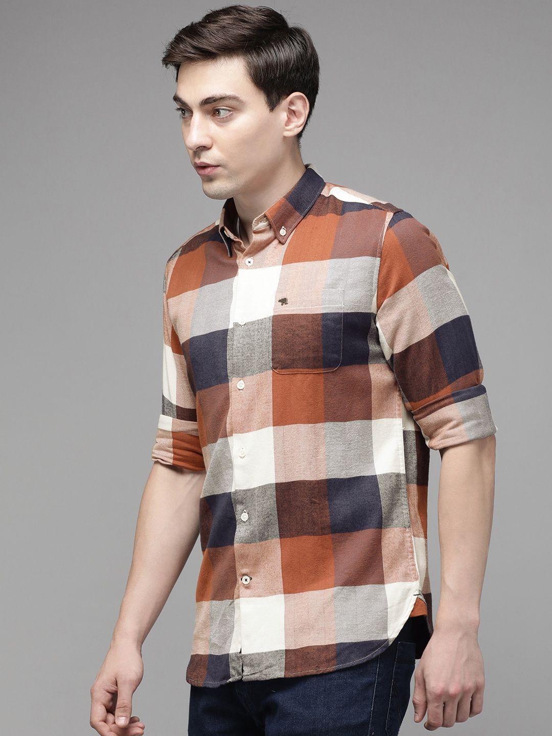 THE BEAR HOUSE Men Rust Brown & Navy Blue Slim Fit Checked Pure Cotton Casual Shirt