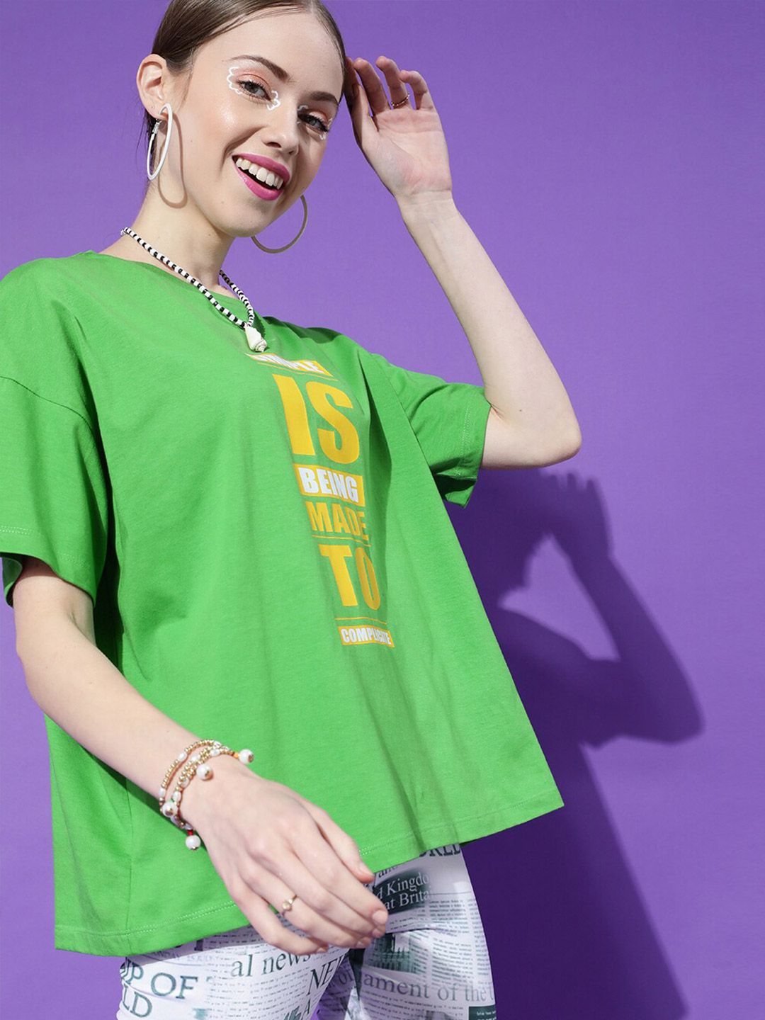 STREET 9 Women Green Typography Printed Drop-Shoulder Sleeves Oversized Cotton T-shirt