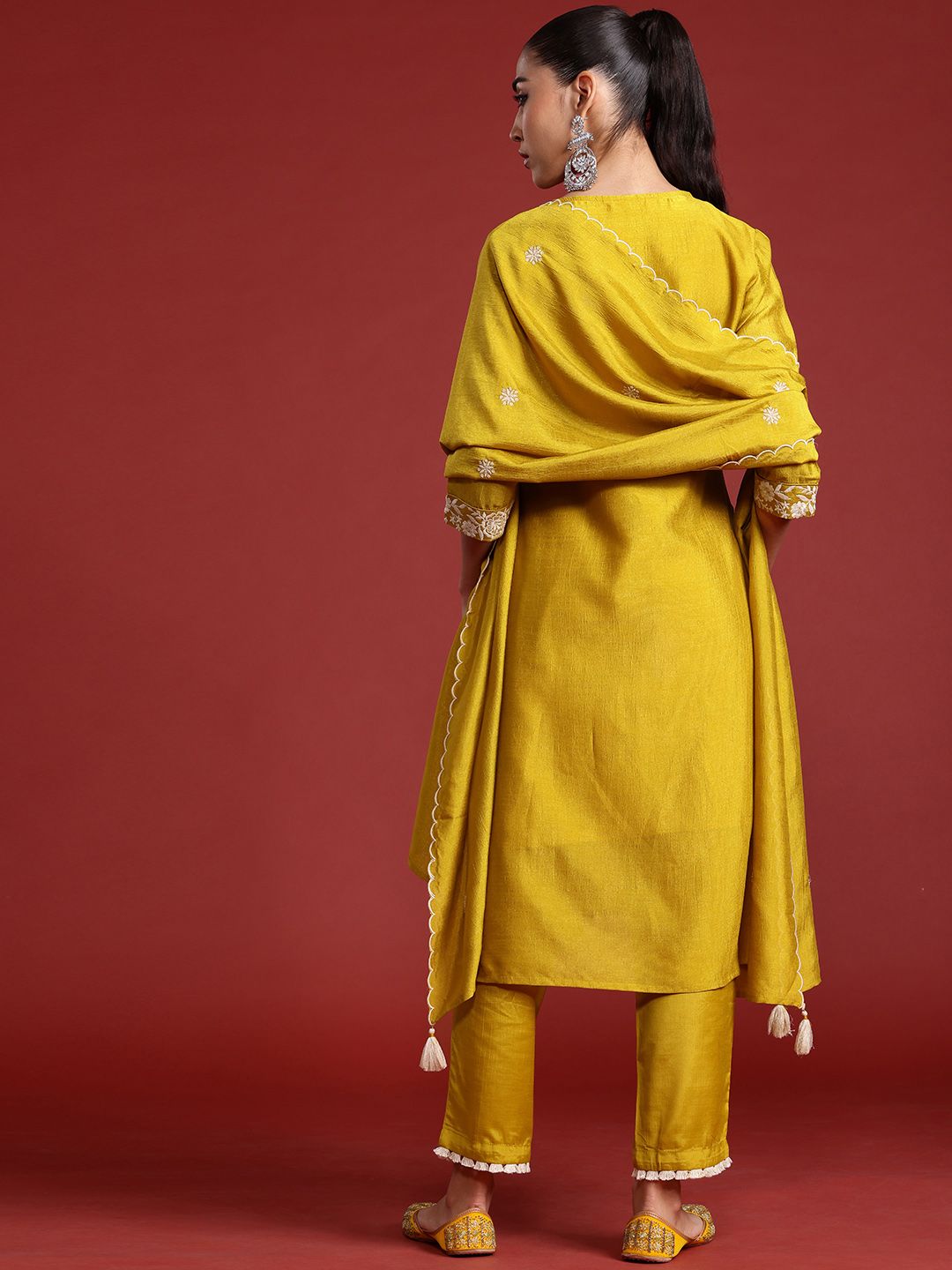Indo Era Floral Embroidered Sequinned Kurta With Trousers & Dupatta