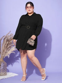 SASSAFRAS Curve Women Plus Size Black Belted Shirt Dress