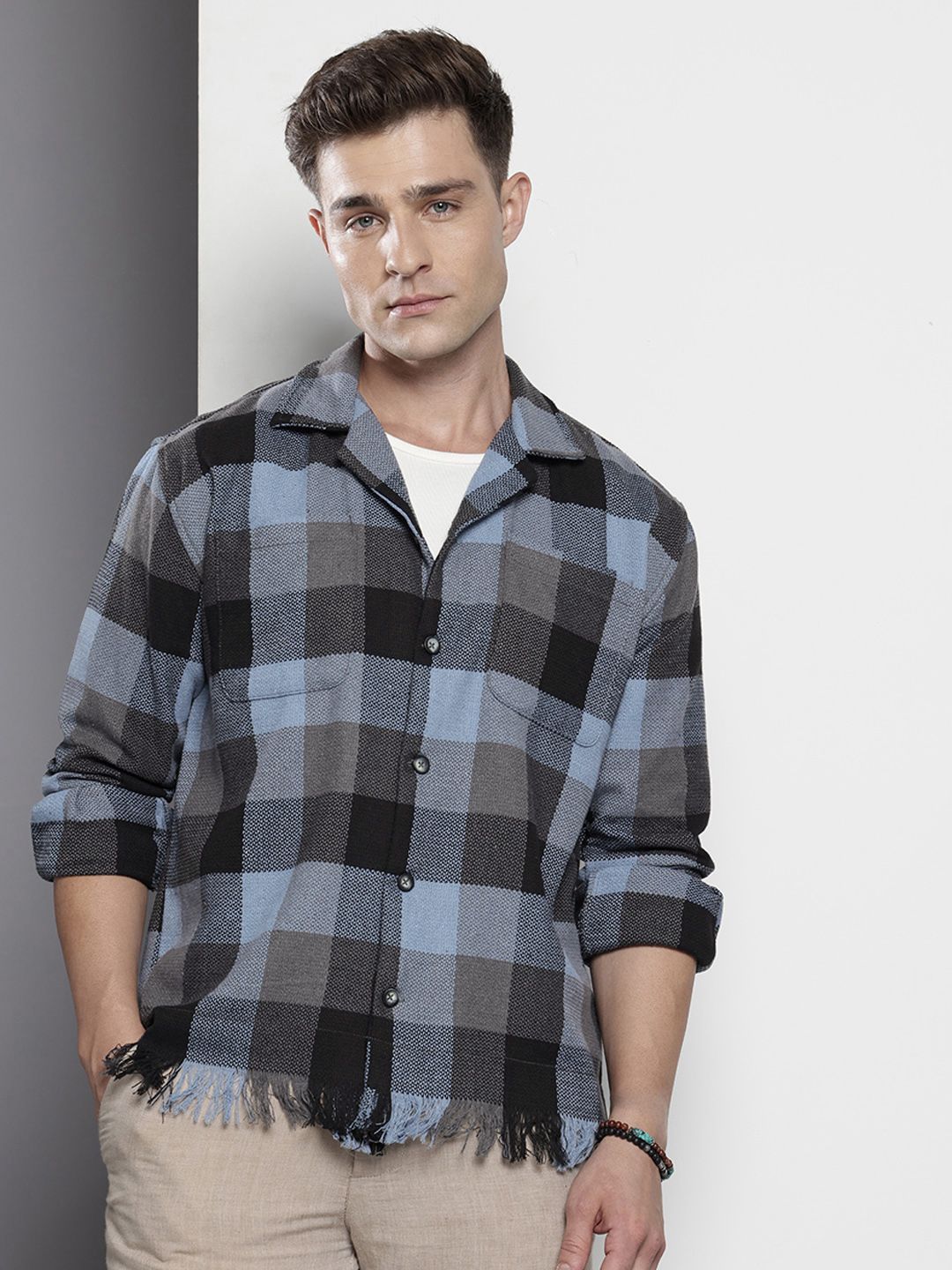 The Indian Garage Co Men Black Relaxed Fit Fringed Textured Resort Wear Shirt