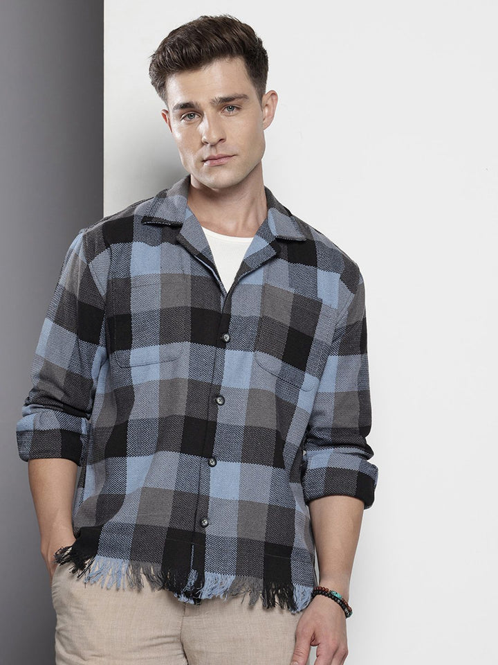 The Indian Garage Co Men Black Relaxed Fit Fringed Textured Resort Wear Shirt