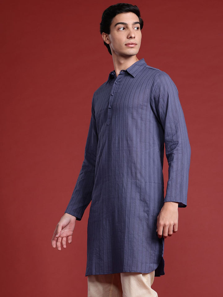 Anouk Striped Shirt Collar Pure Cotton Kurta
