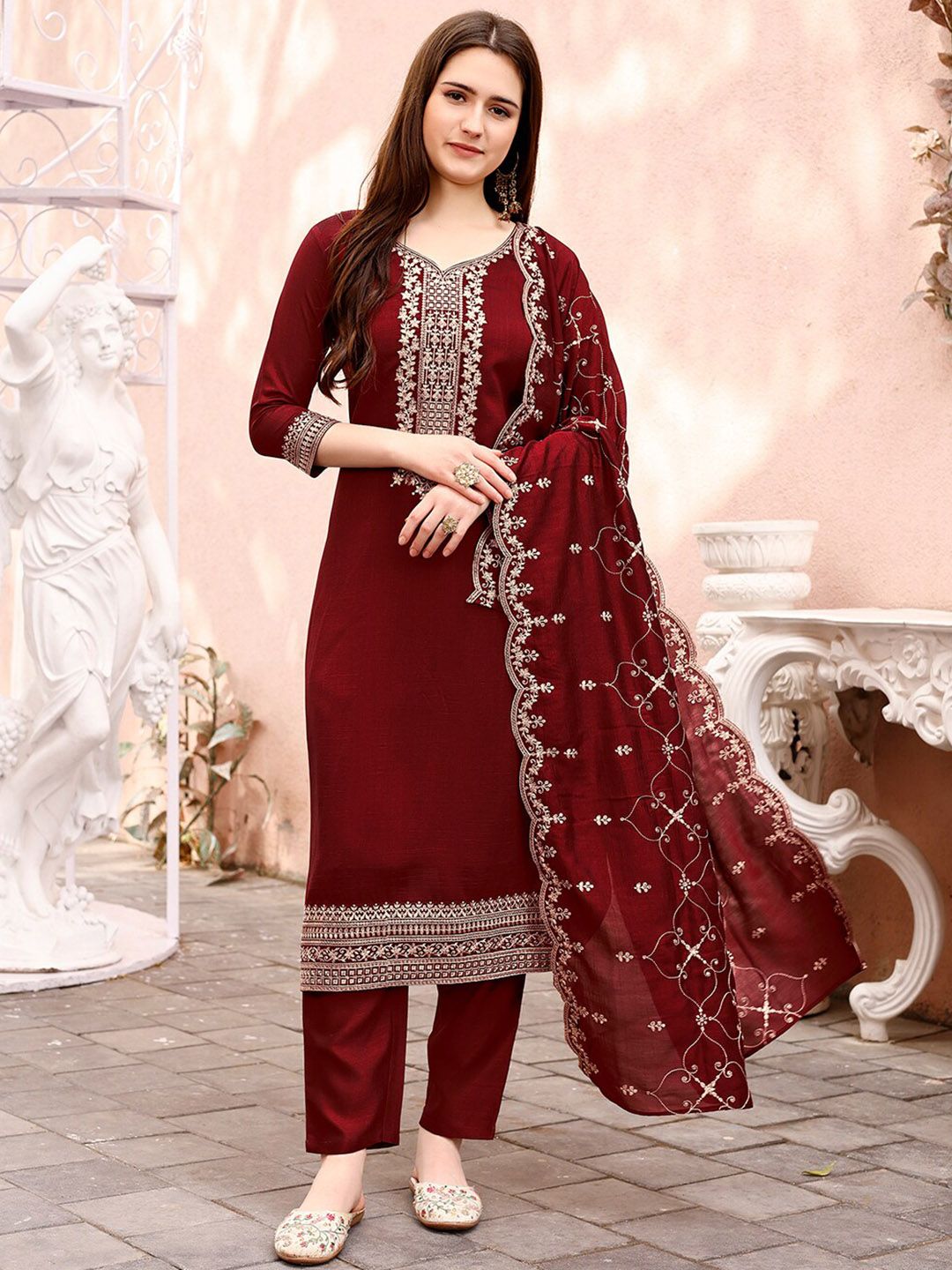 KALINI Floral Embroidered Sequinned Kurta With Trousers & Dupatta