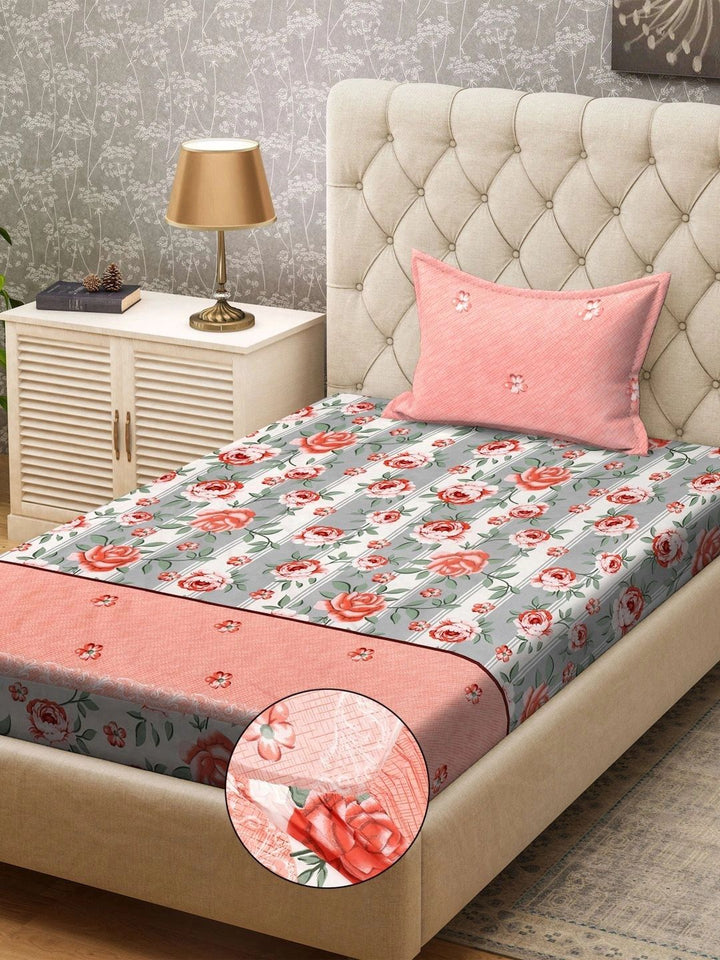 Myntra Elegant Homes White & Peach-Coloured Floral 300 TC Single Bedsheet with 1 Pillow Covers