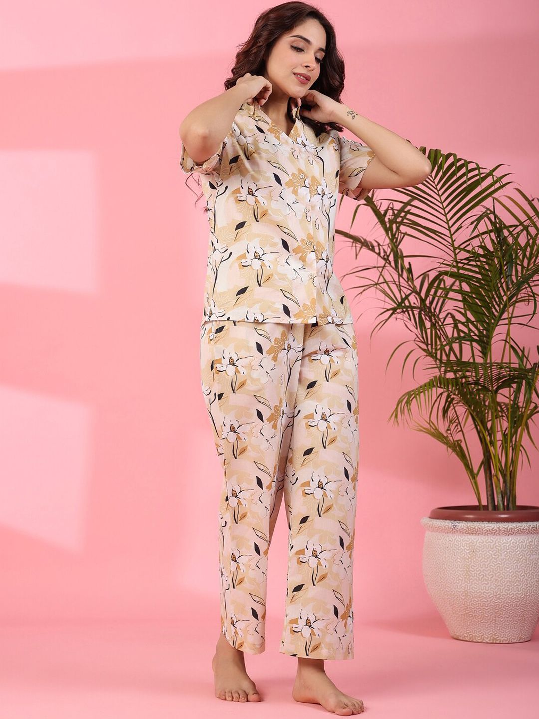 SANSKRUTIHOMES Floral Printed Short Sleeves Pure Cotton Shirt With Pyjamas