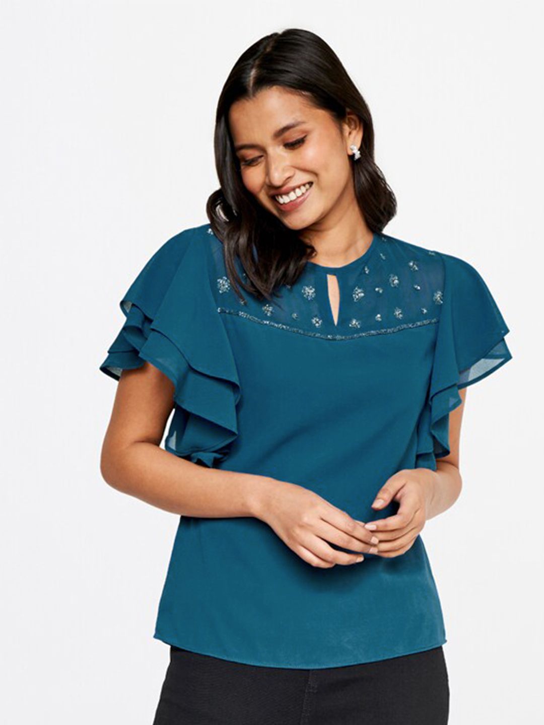 AND Embellished Sequinned Keyhole Neck Flutter Sleeve Top