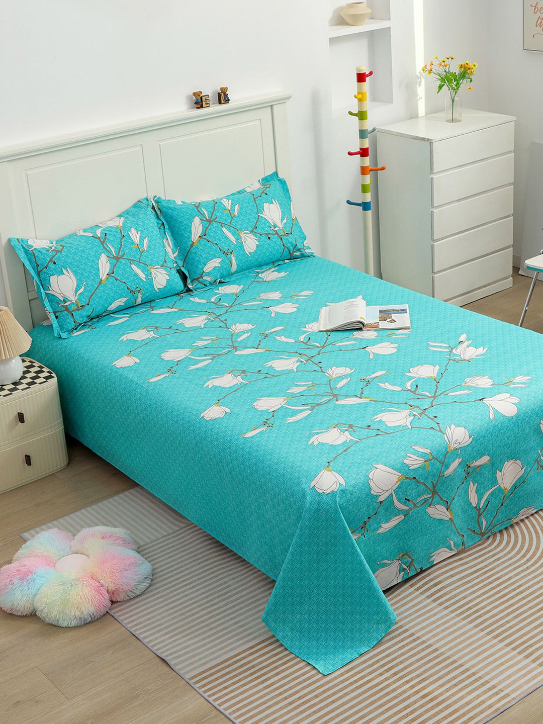 Story@home Sea Green White Floral 144 TC Cotton 1 Queen Bedsheet with 2 Pillow Covers