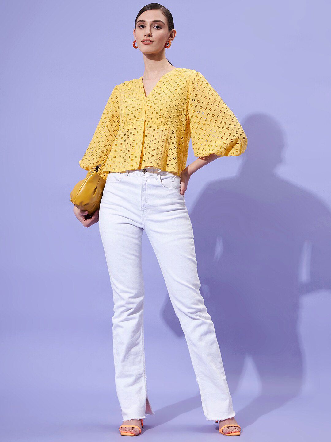 Athena Schiffli Self Design V-Neck Puff Sleeves Empire Top