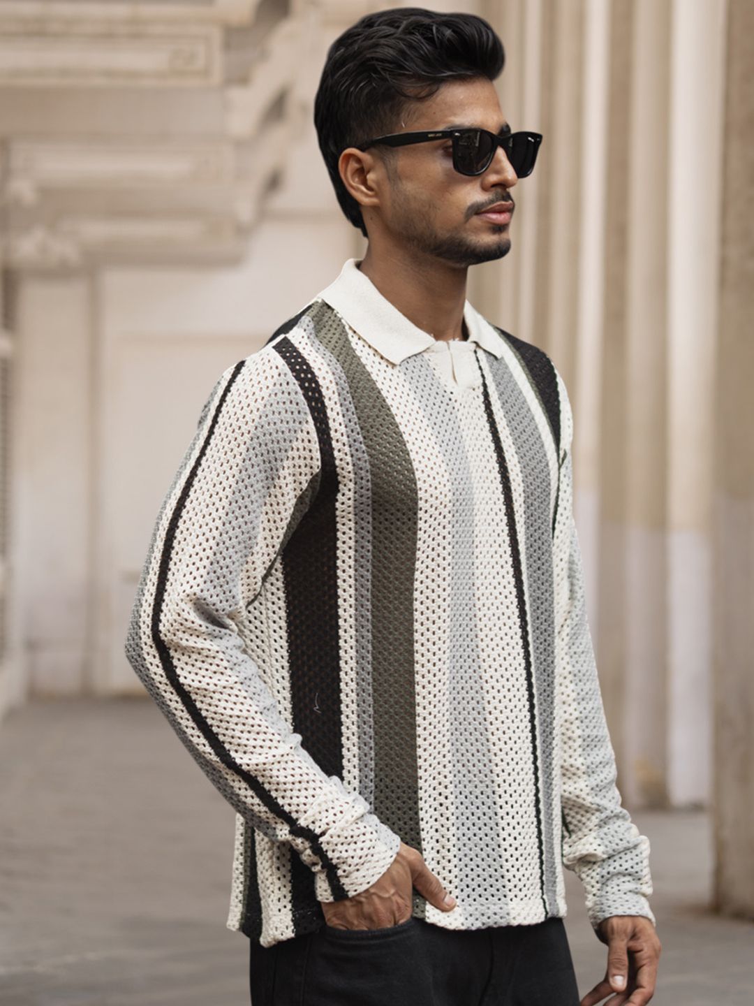 Powerlook Men Striped Printed Polo Collar Acrylic T-shirt