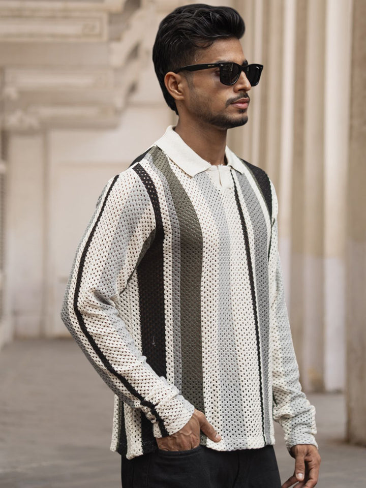 Powerlook Men Striped Printed Polo Collar Acrylic T-shirt