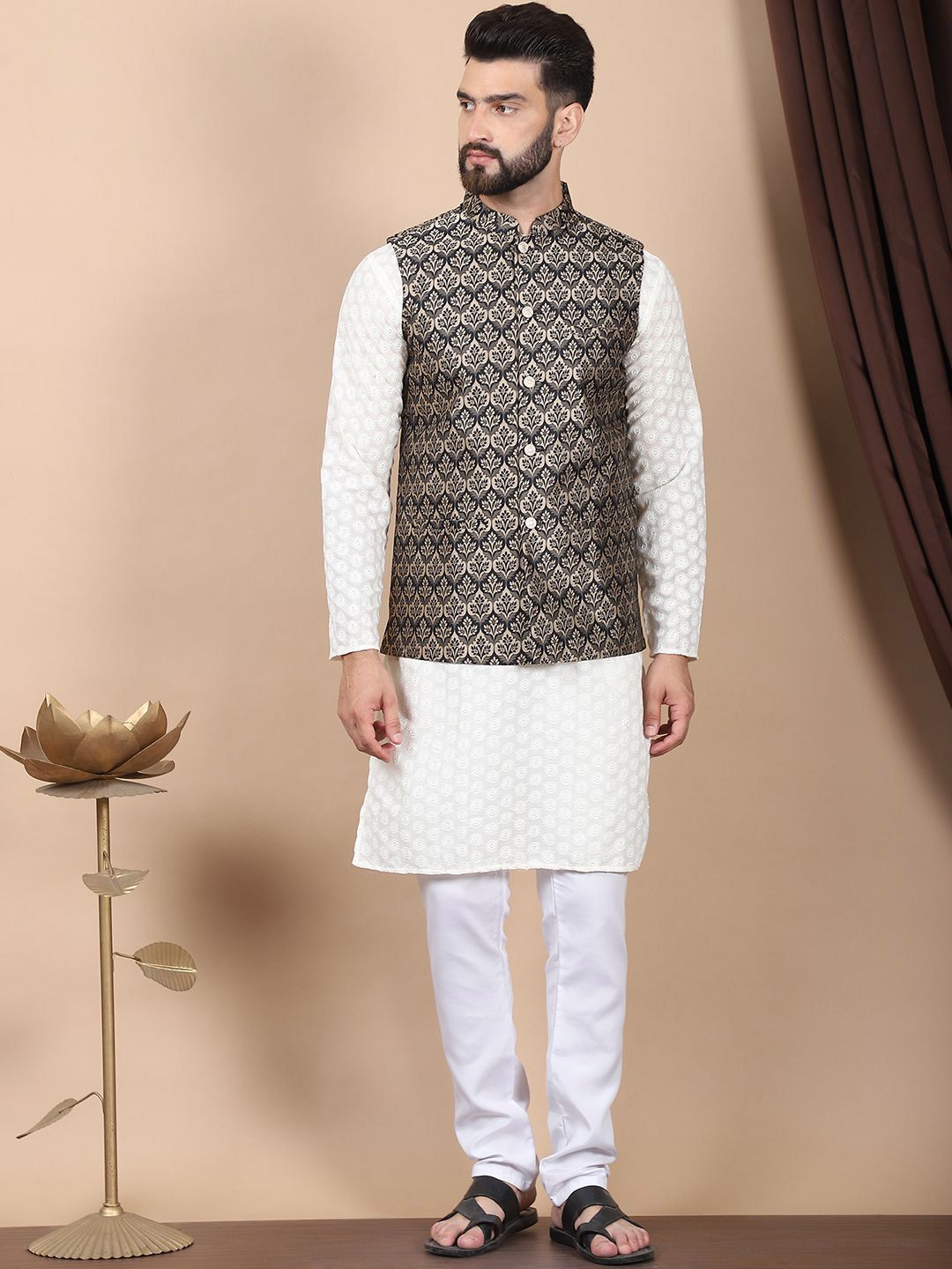Anouk Cream-Coloured Floral Embroidered Pure Cotton Kurta with Churidar & Nehru Jacket
