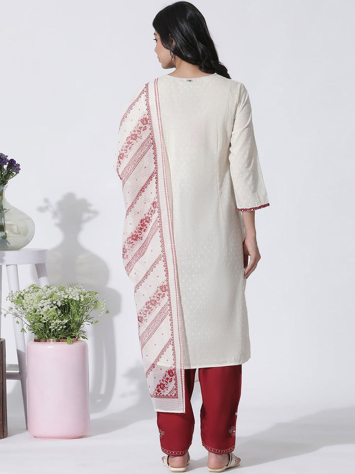 W Ethnic Motifs Thread Work Pure Cotton Straight Kurta with Trousers & With Dupatta