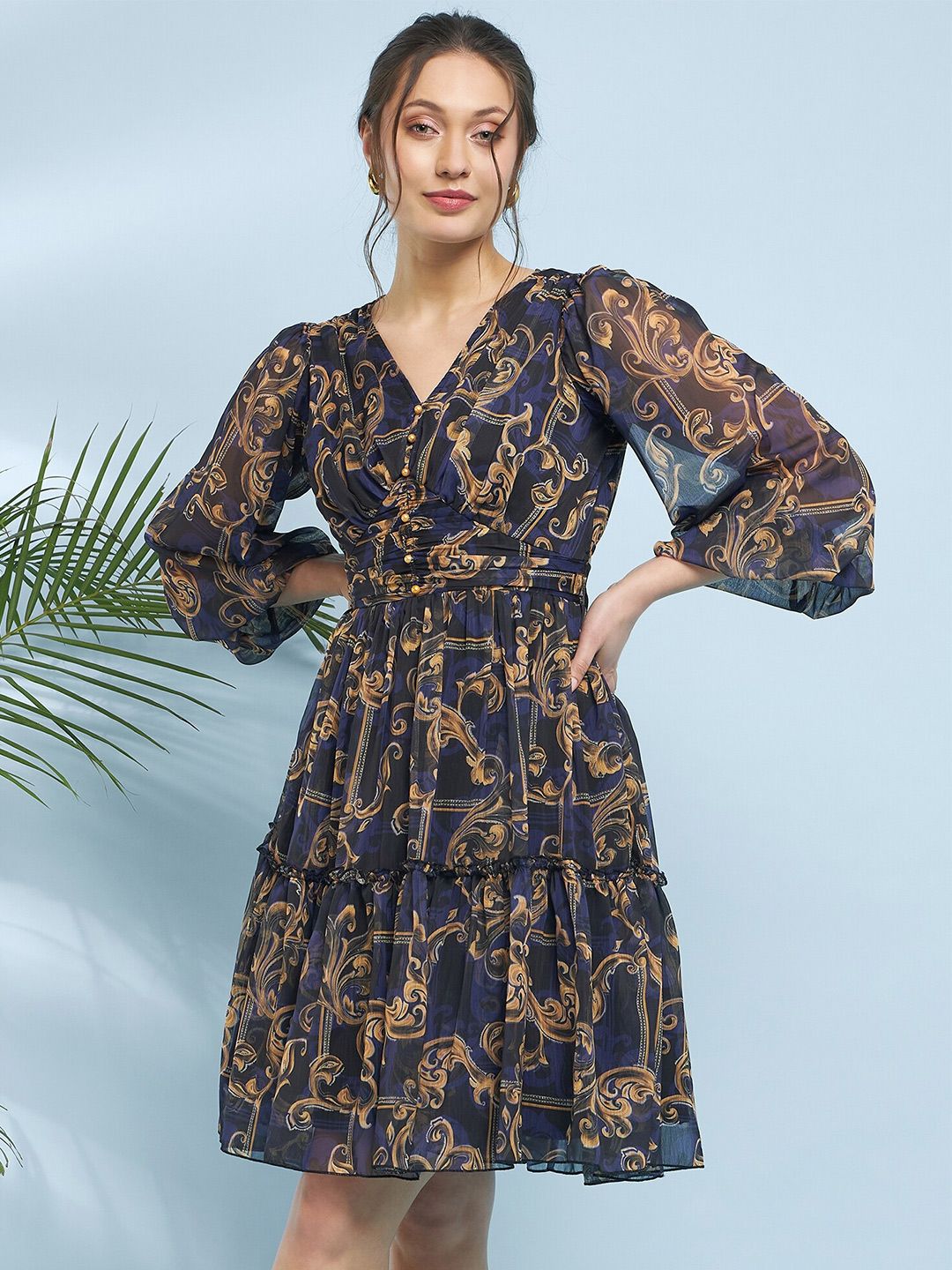 Antheaa Blue Ethnic Motifs Printed Flared Flared Sleeve V-Neck Fit & Flare Dress
