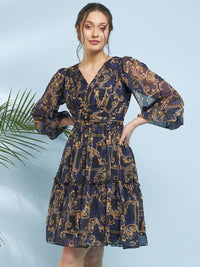 Antheaa Blue Ethnic Motifs Printed Flared Flared Sleeve V-Neck Fit & Flare Dress