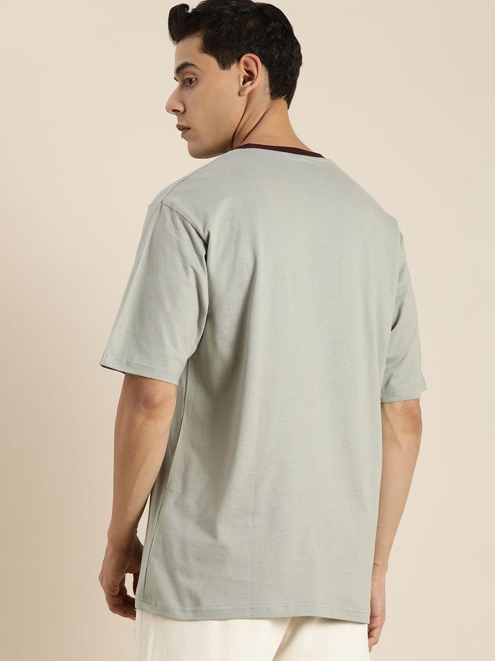 DILLINGER Men Grey & Black Sports Printed Drop-Shoulder Sleeves Pure Cotton Oversized T-shirt