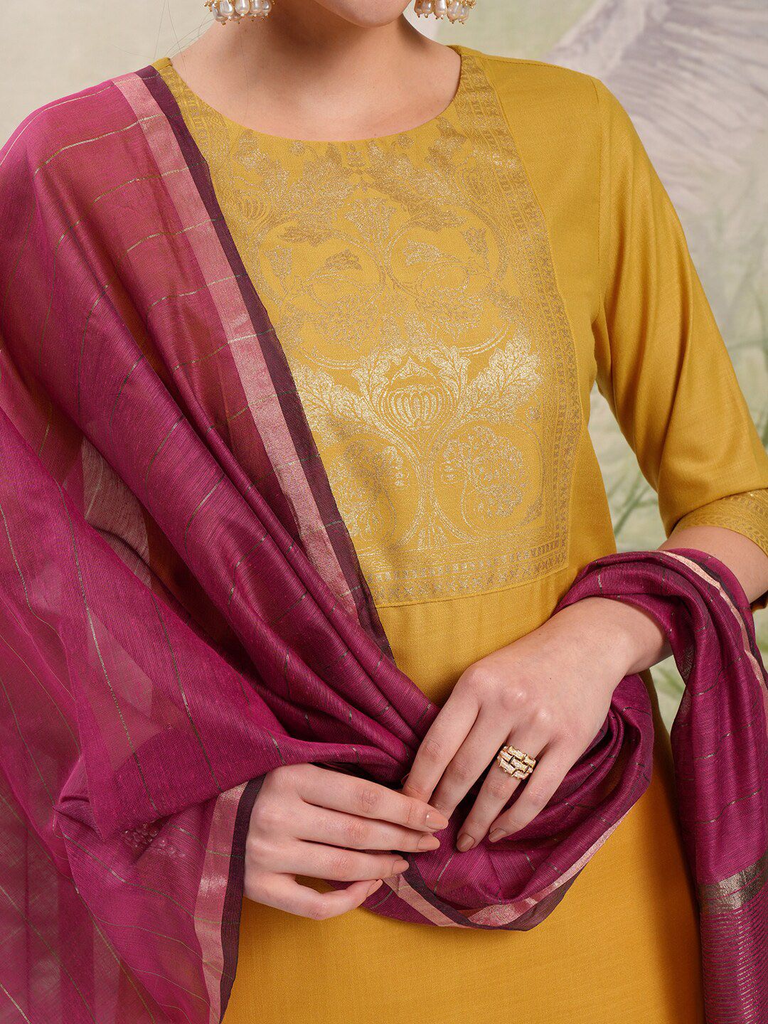 Vishudh Yellow Ethnic Motifs Yoke Design Straight Kurta With Trousers & Dupatta