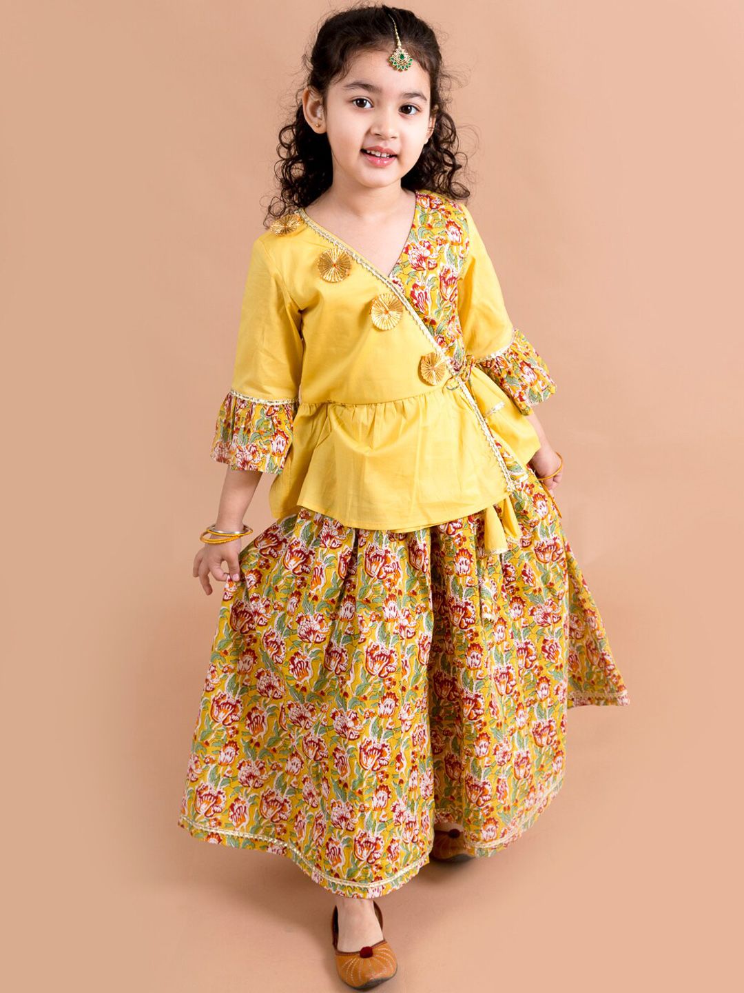 pspeaches Girls Mustard Yellow Floral Printed Angrakha Gotta Patti Pure Cotton Kurti with Palazzos