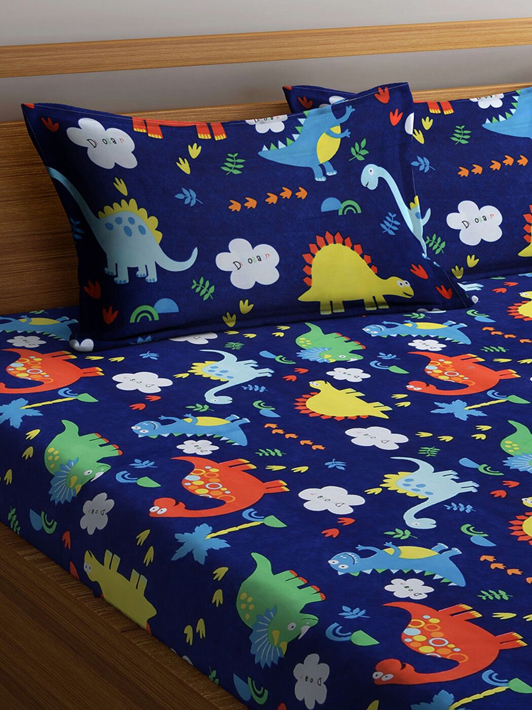 KLOTTHE Watak Kartun Biru Kapas 300 TC Cadar Katil Halus King dengan 2 Sarung Bantal-98 x 87 inci
