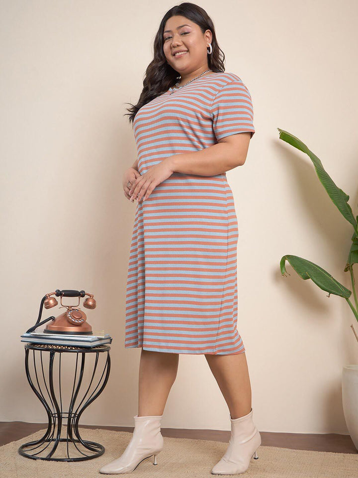 CURVY STREET Maroon Plus Size Striped Midi T-shirt Dress