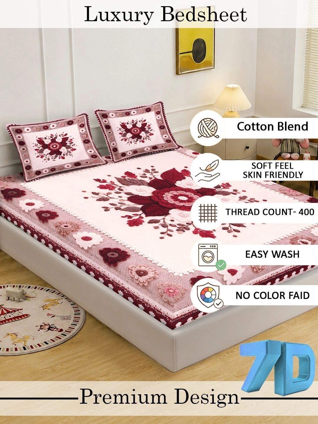 KLOTTHE Maroon & Pink Floral 400 TC King Bedsheet with 2 Pillow Covers