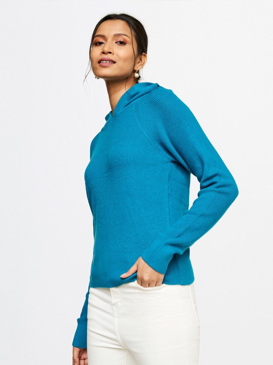 AND Women Blue Solid Hooded T-Shirt