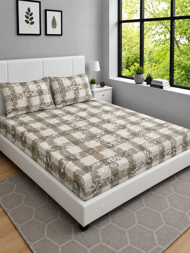 Moda Rapido X KLOTTHE Beige Geometric Printed Floral 300 TC Bedsheet with 2 Pillow Covers