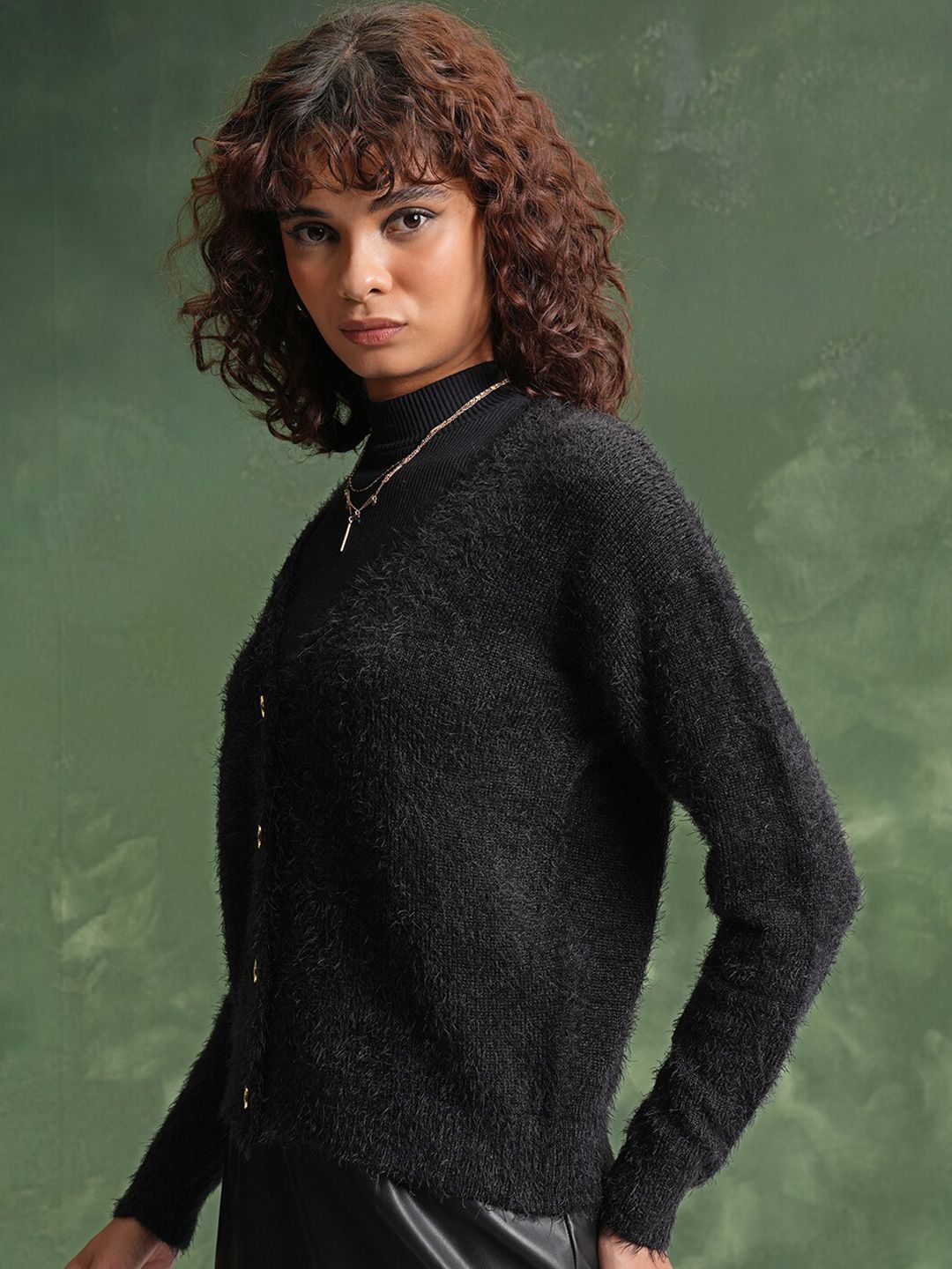 Tokyo Talkies Black Self Designed V-Neck Crop Acrylic Cardigan