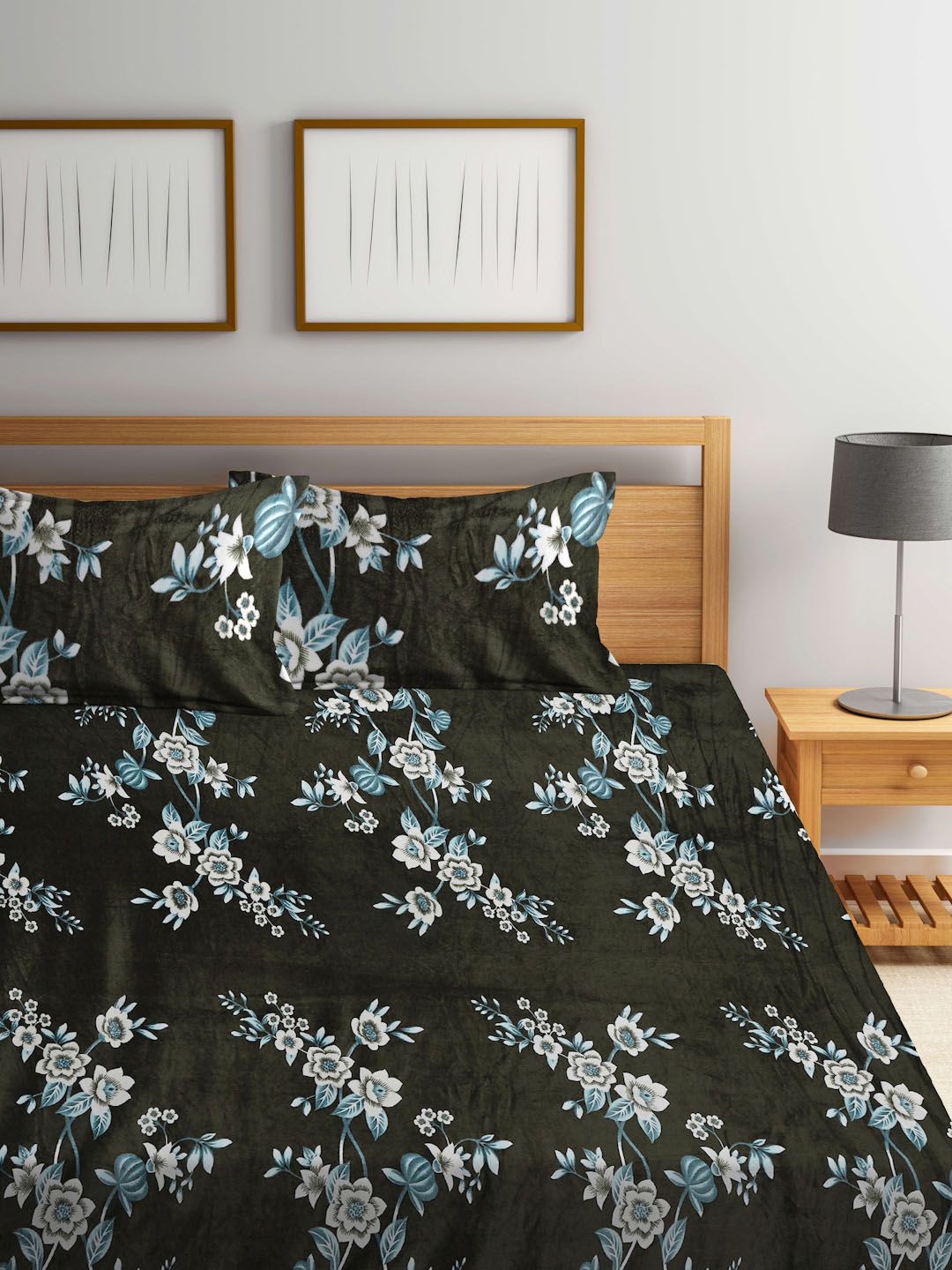 KLOTTHE Olive Floral Woolen 300 TC Cadar Tempat Tidur Halus King dengan 2 Sarung Bantal-250X225 cm