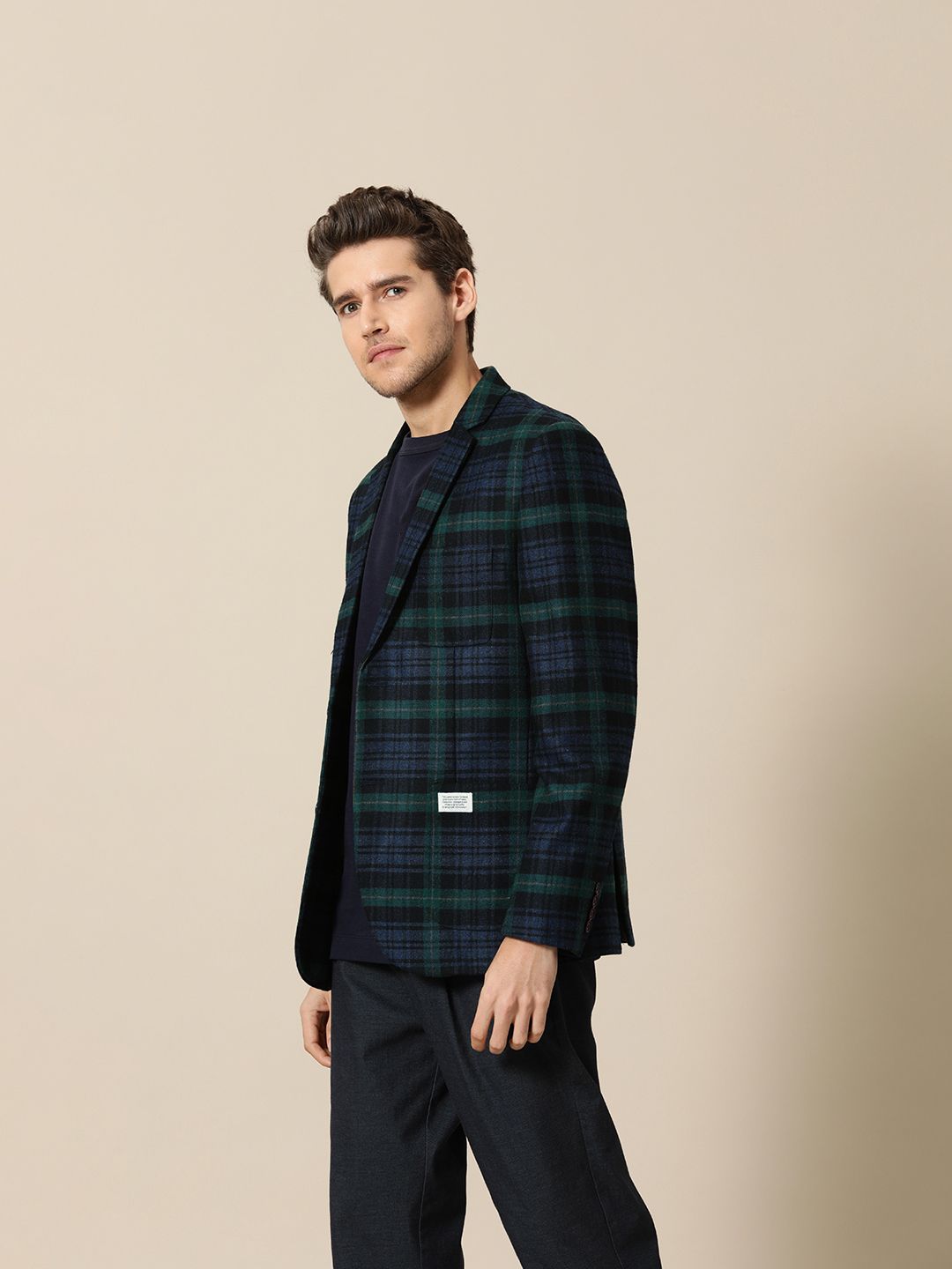 Mr Bowerbird Men Green And Navy Blue Checked Single Breasted Tailored Fit Tweed Blazer