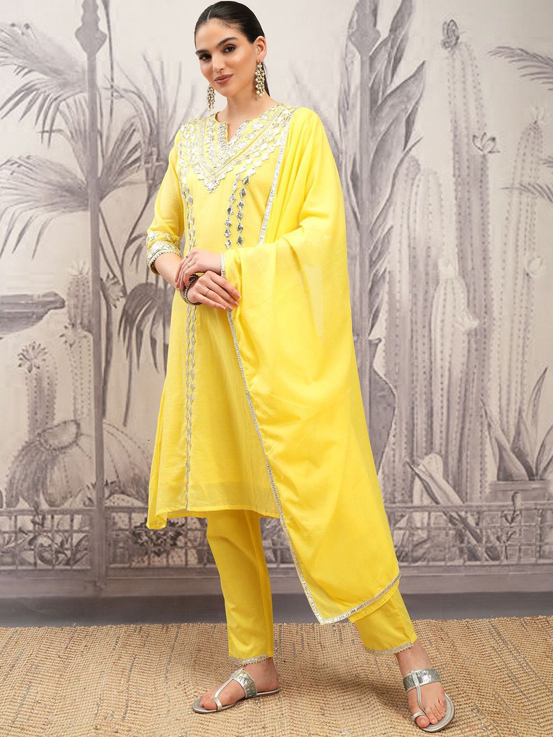 Vishudh Yellow Embroidered Pure Cotton Gotta Patti A-Line Kurta With Trousers & Dupatta
