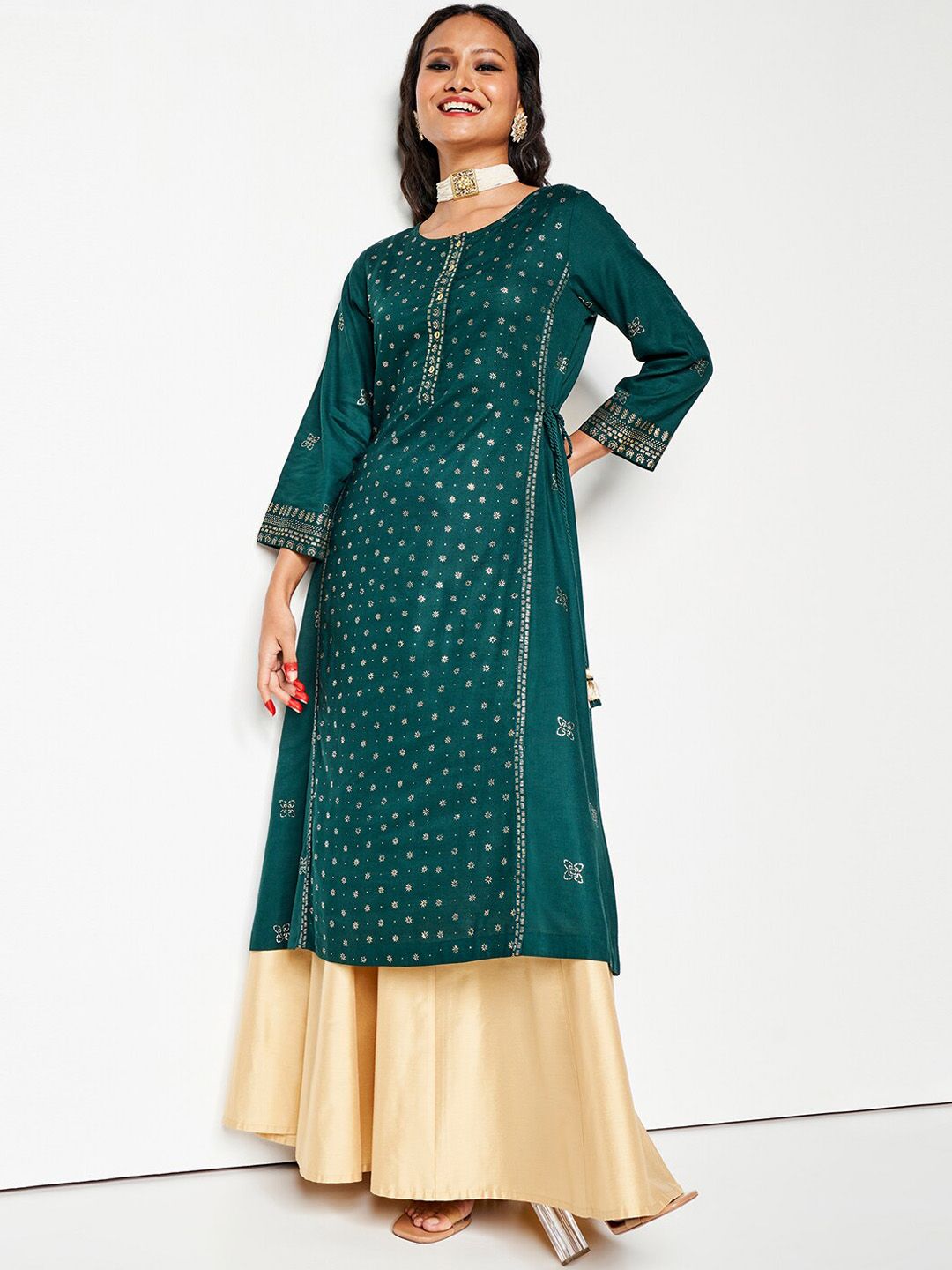 Global Desi Round Neck Long Sleeves Ethnic Rayon A Line Kurta