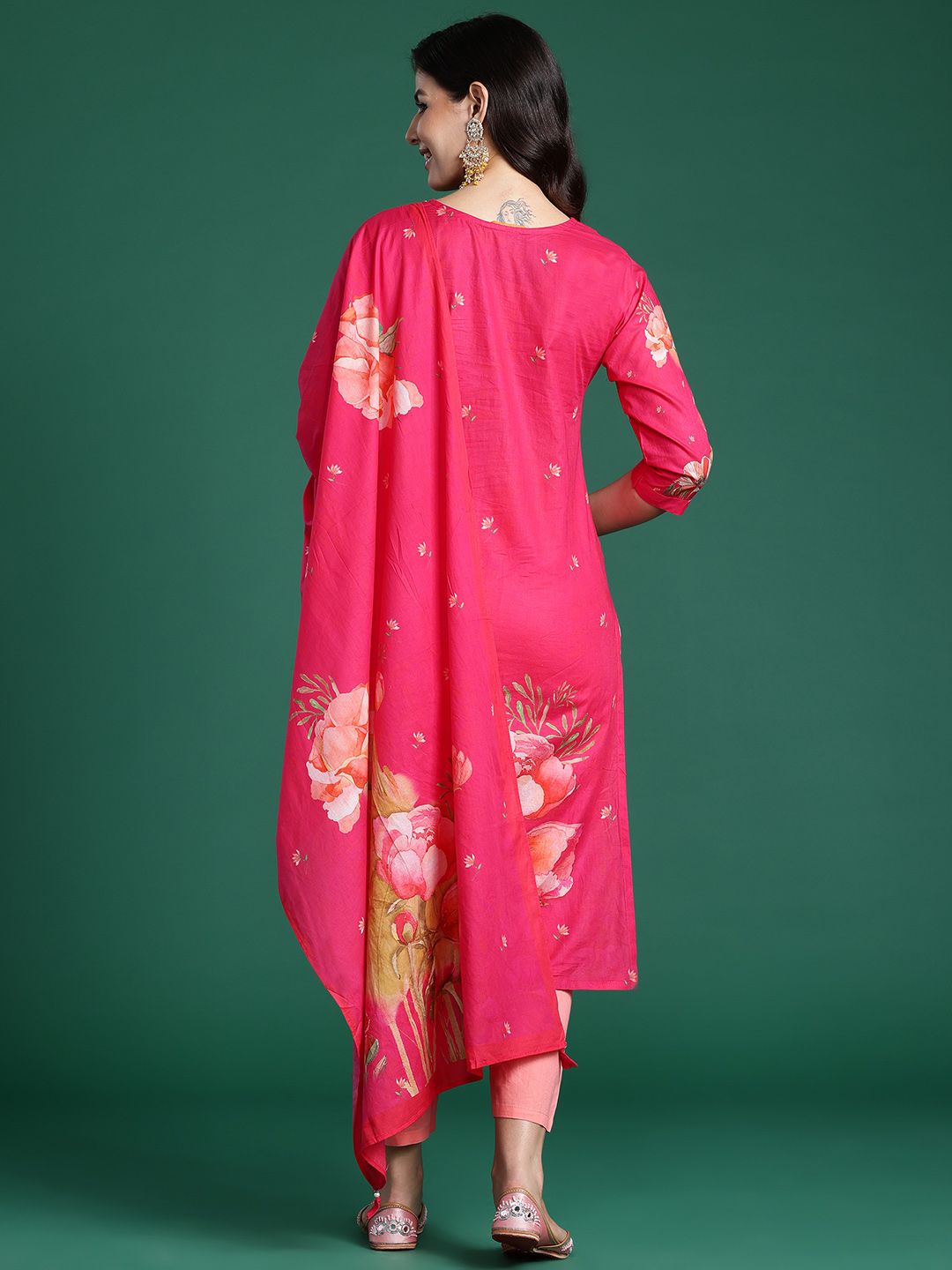 Indo Era Floral Printed Beads & Stones Pure Cotton Kurta With Trousers & Dupatta