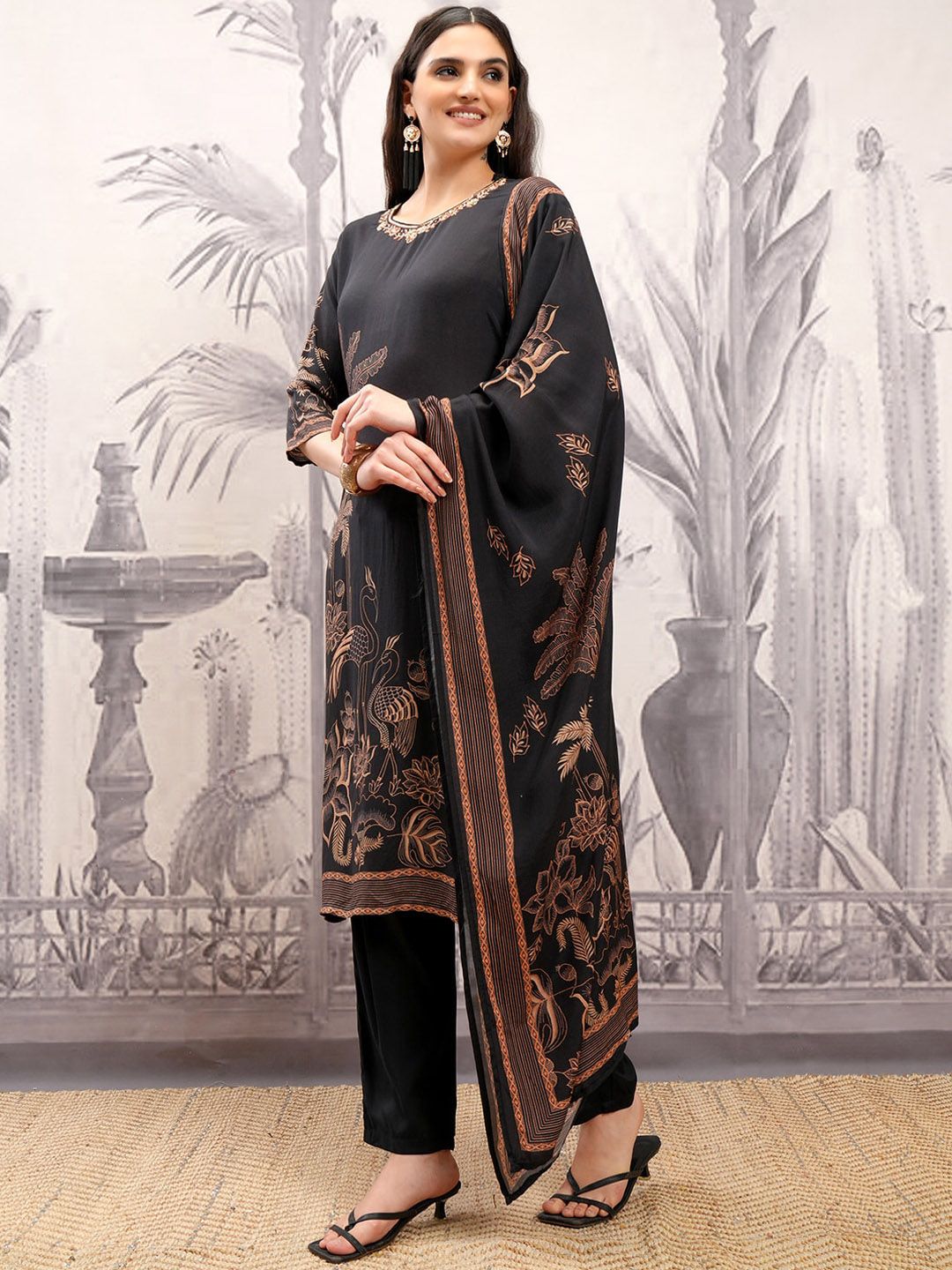 Vishudh Black Ethnic Motifs Printed Thread Work Regular Kurta with Trousers & Dupatta
