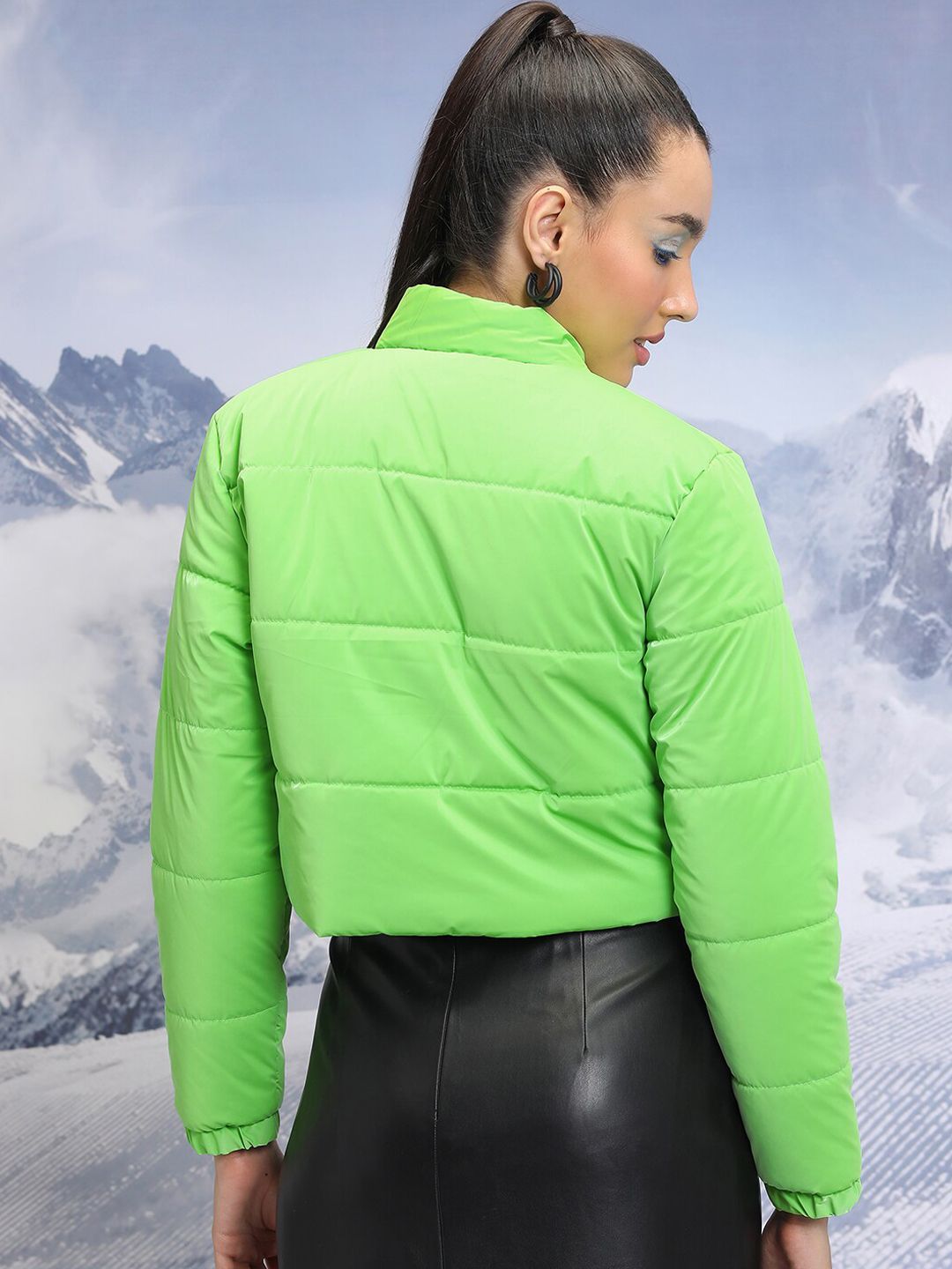 Tokyo Talkies Green Mock Collar Crop Padded Jacket