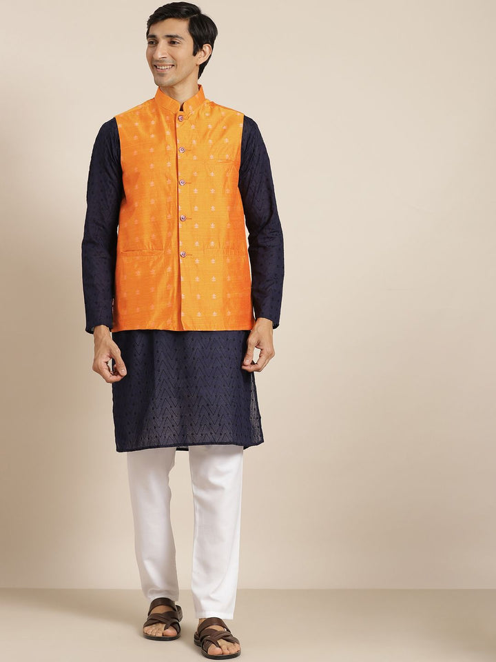 SOJANYA Men Navy Blue Ethnic Motifs Pure Cotton Kurta with Churidar & Nehru Jacket