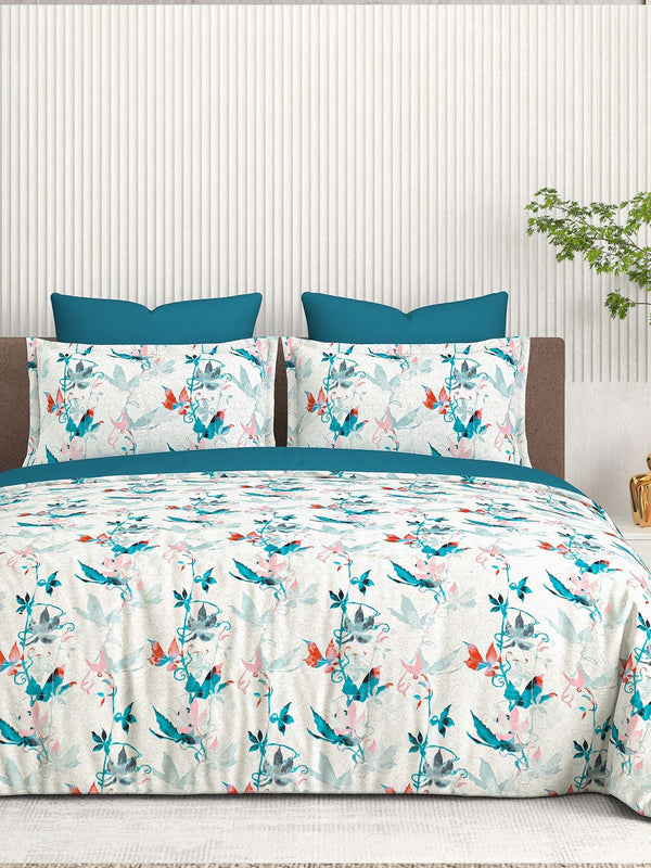 Cortina Glazed Cotton Blue Floral 140 TC King Bedsheet with 2 Pillow Covers