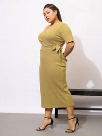 SASSAFRAS Curve Plus Size V-Neck Tie-Ups Detail Wrap Midi Dress