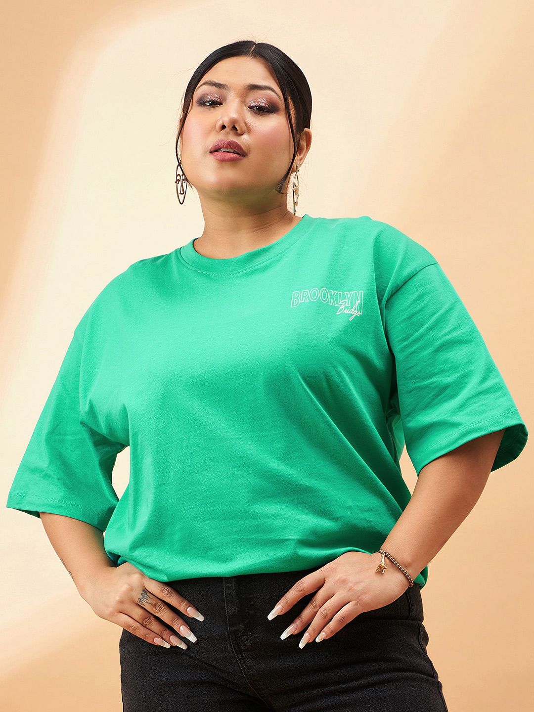 SASSAFRAS Curve Plus Size Typography Printed Pure Cotton Relaxed Fit T-shirt