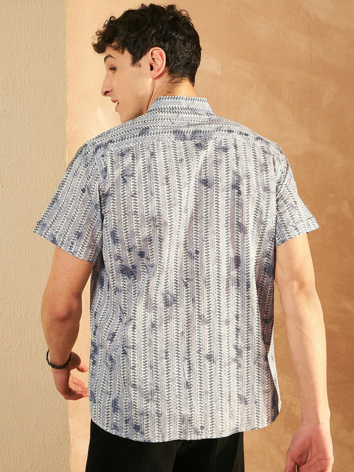 DENNISON Smart Printed Spread Collar Short Sleeves Cotton Lightweight Shirt